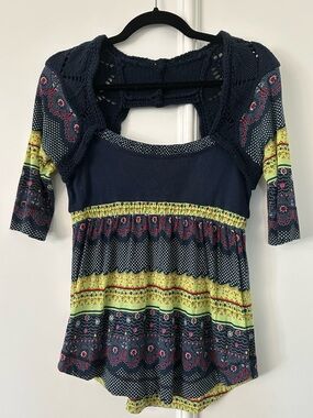 Free People Navy Mixed-Print Scoop Neck Top with Crochet Yoke